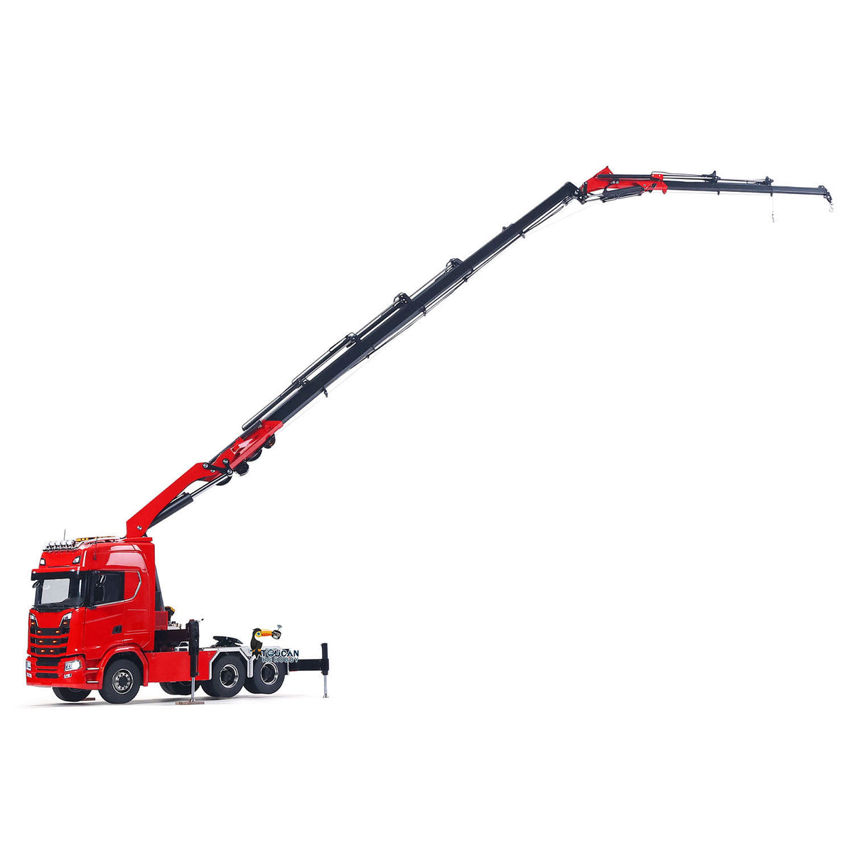 TOUCAN 1/14 RC 6x6 Tractor Truck With Full Max Extended Crane Fly Jib, Long Reach Lifting Pose, Factory Painted Red Road Scale RC Truck Model