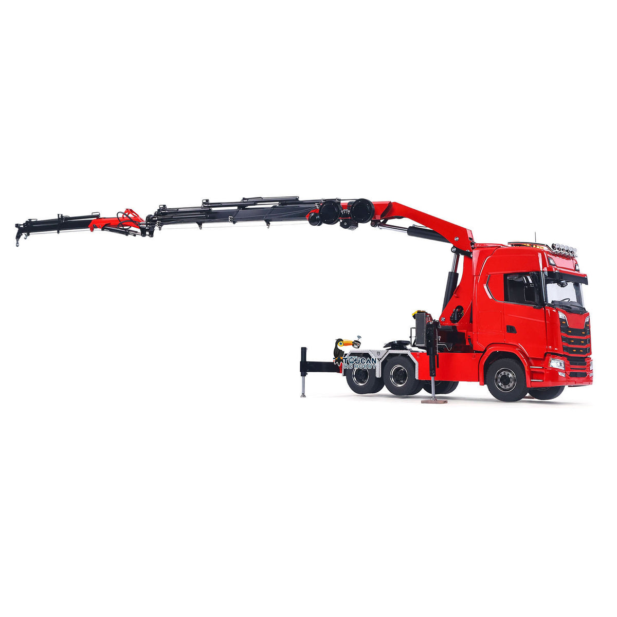 TOUCAN 1/14 RC 6x6 Heavy‑Duty RC Hiab Tractor Truck, Horizontal Extended Crane Fly Jib Full Scene View, Pre‑Assembled Painted Red Road Truck