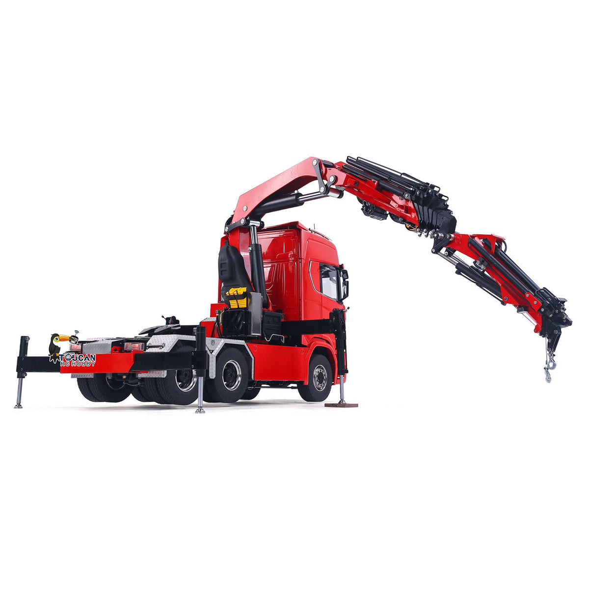TOUCAN 1/14 RC 6x6 Red RC Crane Tractor Truck, Side Reach Crane Fly Jib Working Pose, Flowing Turn Signal Light, V‑Shape Grille Warning Light Decoration