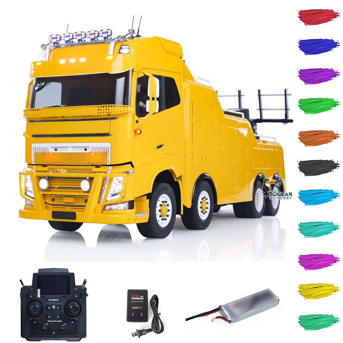 TOUCAN 1/14 RC 8X4 Road Rescue Wrecker Truck, Yellow, 8X4 Metal Chassis, 2-Speed Gearbox, Rear Axle Differential Lock, Light Sound & Smoke System, PL18EVLite Transmitter, 3S 5000mAh Battery & Charger Included, Custom Colors Available