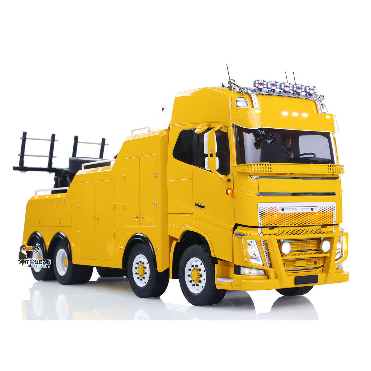 TOUCAN 1/14 RC 8X4 Road Rescue Wrecker Truck Yellow Front Oblique View, Factory Painted Assembled, All-Metal Upper Rescue Equipment Assembly
