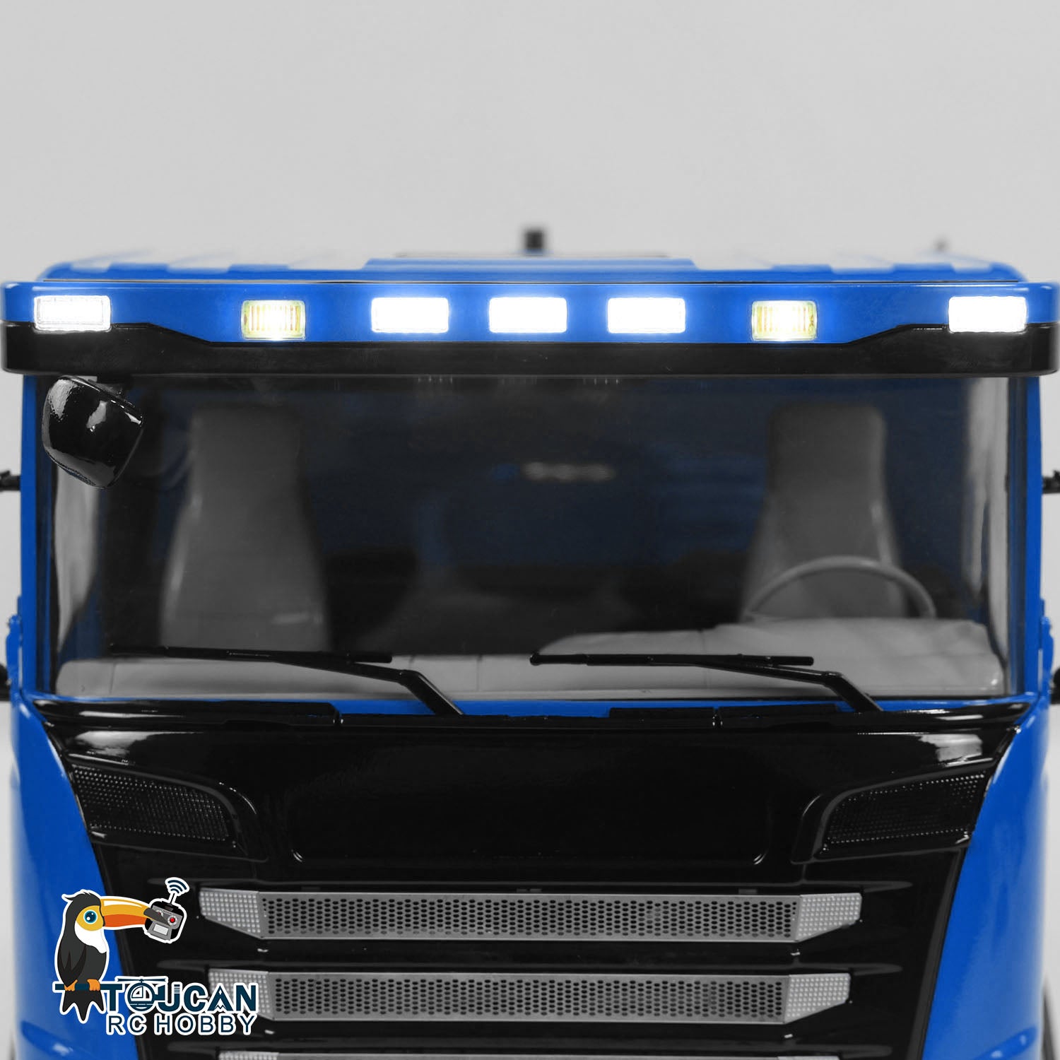 Toucan 1/14 RC 8x8 Roll-Off Dump Truck SC-G88 Blue Cab Front and Roof Light Group Close-up RC Scale Dump Truck Cabin Detail