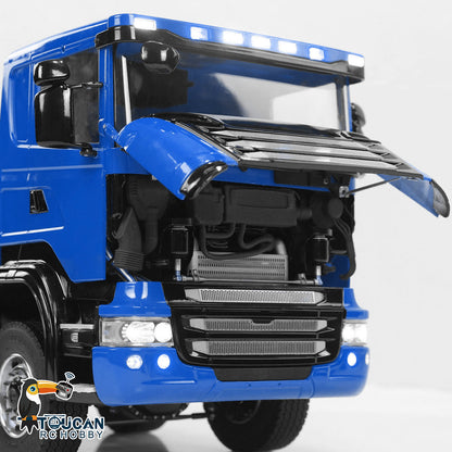 Toucan 1/14 RC 8x8 Roll-Off Dump Truck SC-G88 Blue Cab Hood Opened Internal Structure Close-up RC Scale Truck Cabin Detail