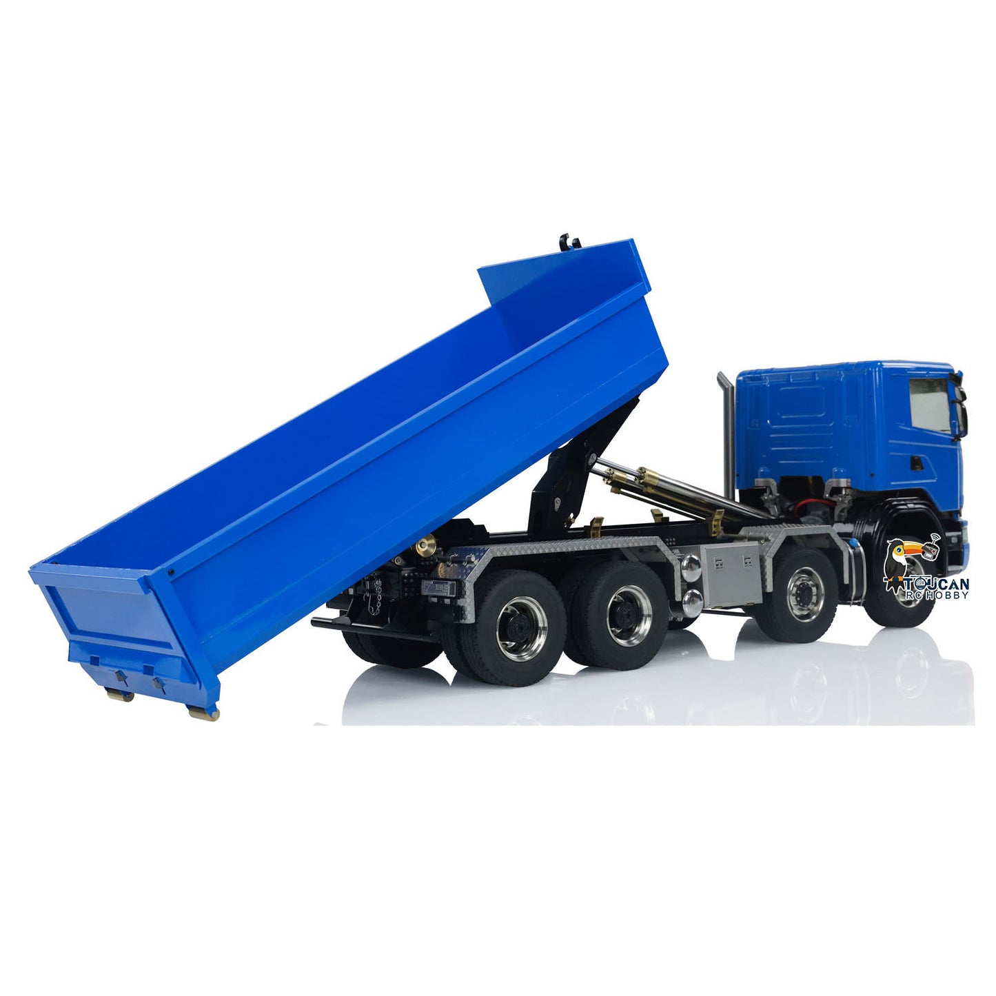 Toucan 1/14 RC 8x8 Roll-Off Dump Truck SC-G88 Blue Oblique Tipping Working Pose Realistic RC Tipper Truck Scale Model