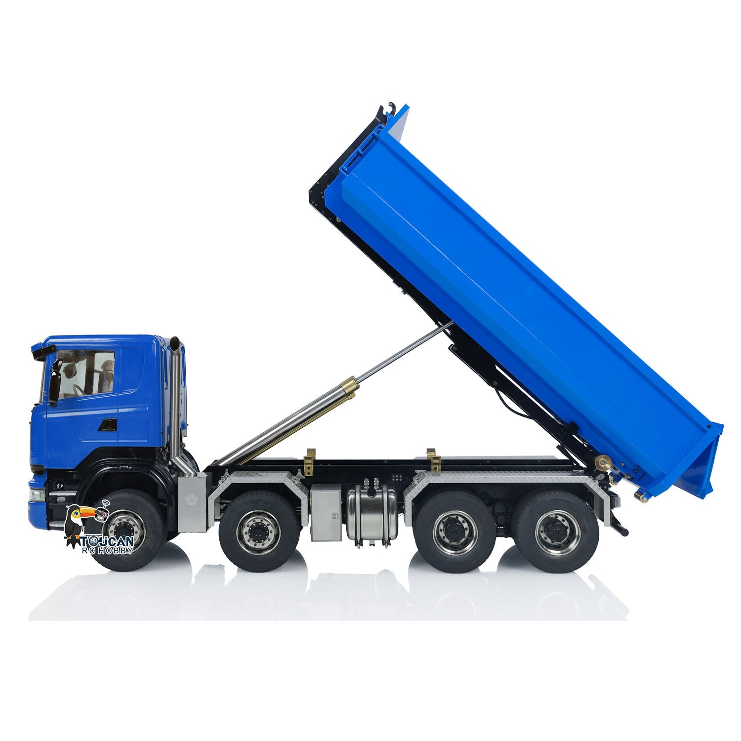 Toucan 1/14 RC 8x8 Roll-Off Dump Truck SC-G88 Blue Rear View While Bucket Lifting Up RC Tipper Lorry Scale Machinery