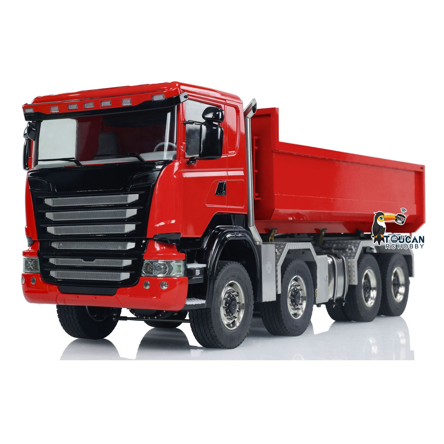 Toucan 1/14 RC 8x8 Roll-Off Dump Truck SC-G88 Red RC Dump Lorry Front Angled Static View Factory Painted Scale Truck