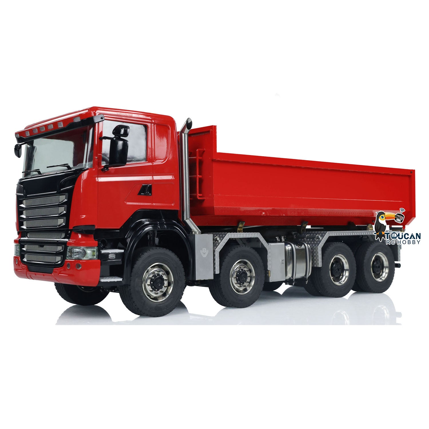 Toucan 1/14 RC 8x8 Roll-Off Dump Truck SC-G88 Red Full Side View Pre-Assembled RC Dump Truck U-Shape Low Bucket Heavy-Duty Hauler