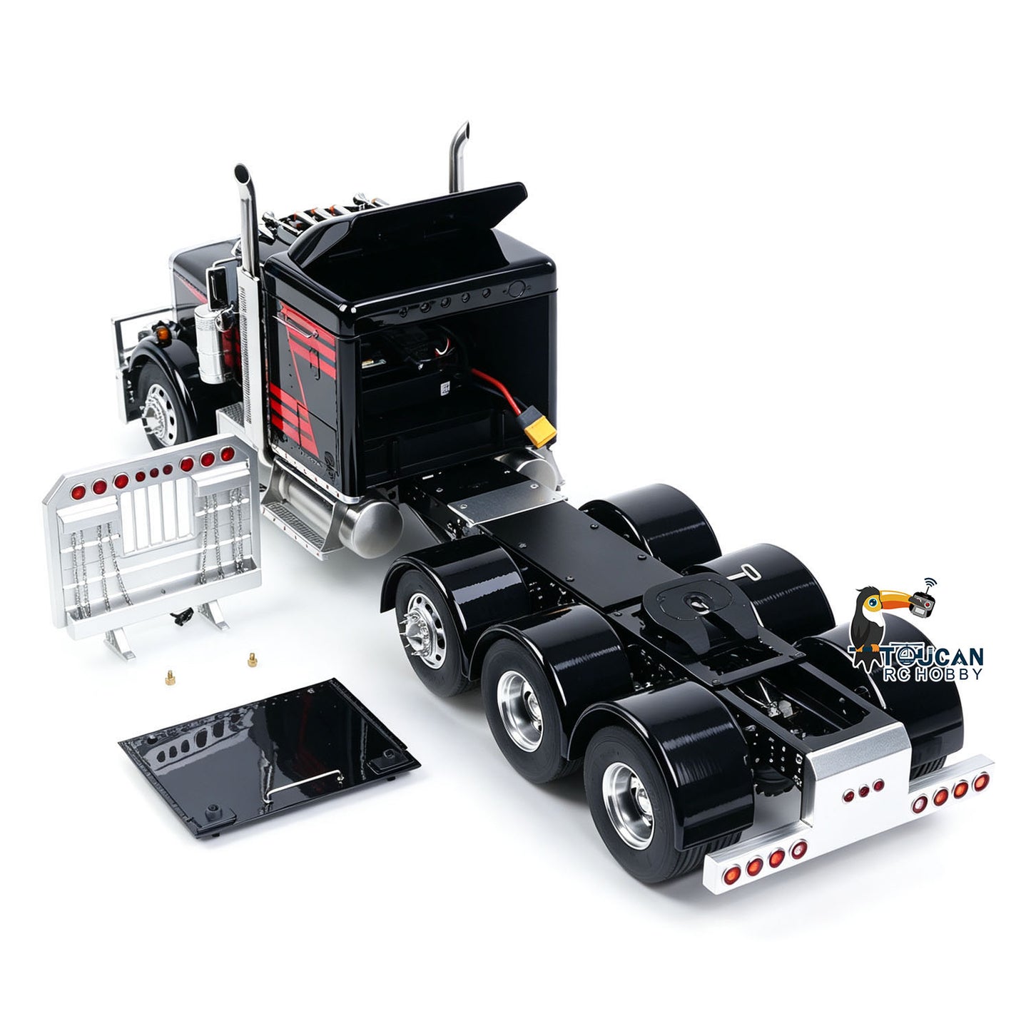 TOUCAN 1/14 RC Metal 8X6 GrandHauler Tractor Truck Tilt‑Up Cab View, Equipment Rack Decoration, Internal Equipment Compartment Layout Display