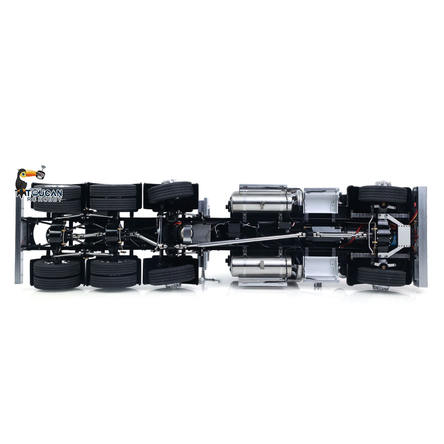 TOUCAN 1/14 RC 8X6 GrandHauler RC Tractor Truck Bottom Chassis Drivetrain Overhead Shot, 3‑Speed Gearbox Differential Lock Axle Internal Mechanical Detail