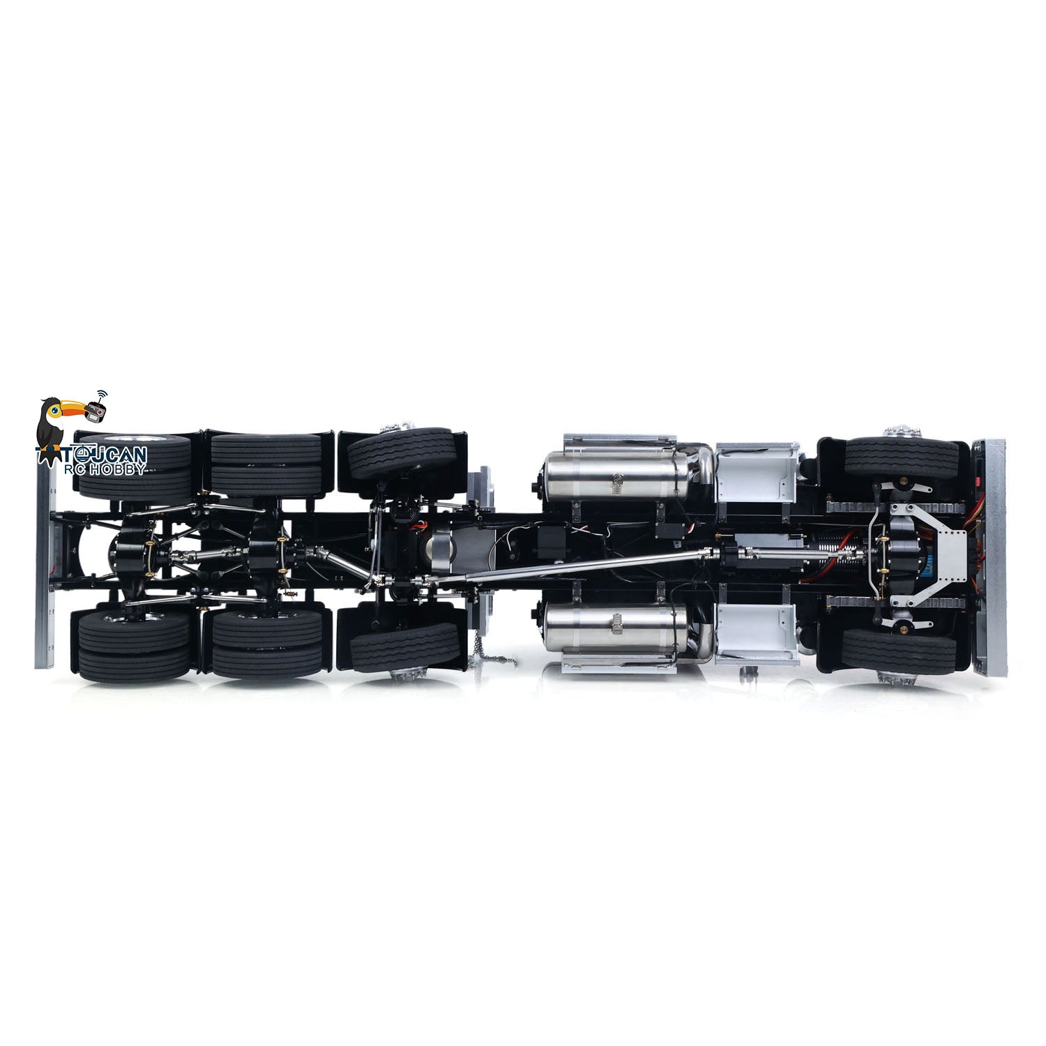 TOUCAN 1/14 RC 8X6 GrandHauler RC Tractor Truck Bottom Chassis Drivetrain Overhead Shot, 3‑Speed Gearbox Differential Lock Axle Internal Mechanical Detail