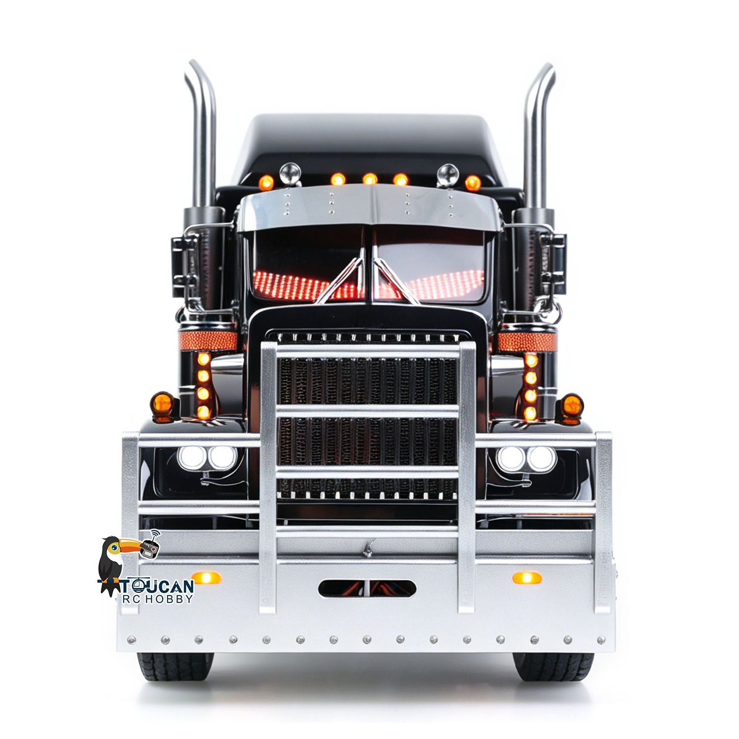 TOUCAN 1/14 RC Metal 8X6 GrandHauler Tractor Truck Straight Front View, Front Bumper, Sun Visor, Dynamic Eye Light Headlight Decoration, Black Red Stripe Body