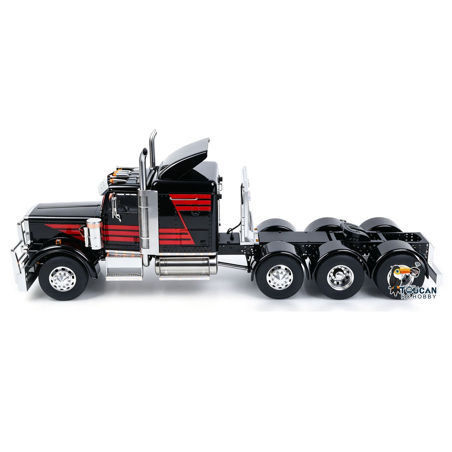 TOUCAN 1/14 RC 8X6 GrandHauler RC Tractor Truck Rear Side Full View, Modified Steerable Mid‑lift Axle, Suspended Chassis Heavy‑Haul Scale Truck Model