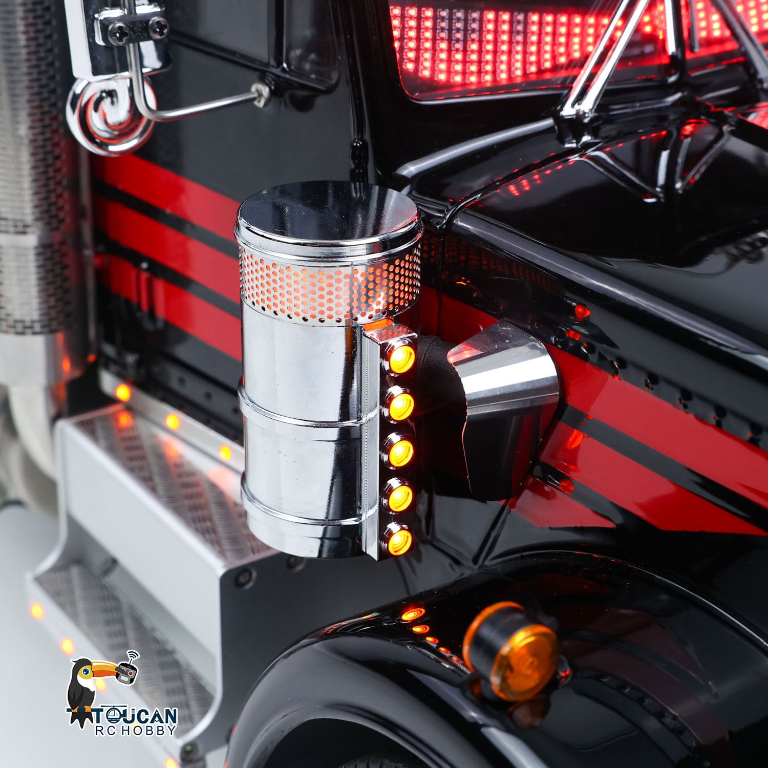 TOUCAN 1/14 RC 8X6 GrandHauler Tractor Truck Side Body Close‑up, Metal Chimney, Side Step And Marker Light, Black Red Stripe Paint Texture Detail