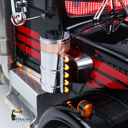 TOUCAN 1/14 RC 8X6 GrandHauler Tractor Truck Side Body Close‑up, Metal Chimney, Side Step And Marker Light, Black Red Stripe Paint Texture Detail