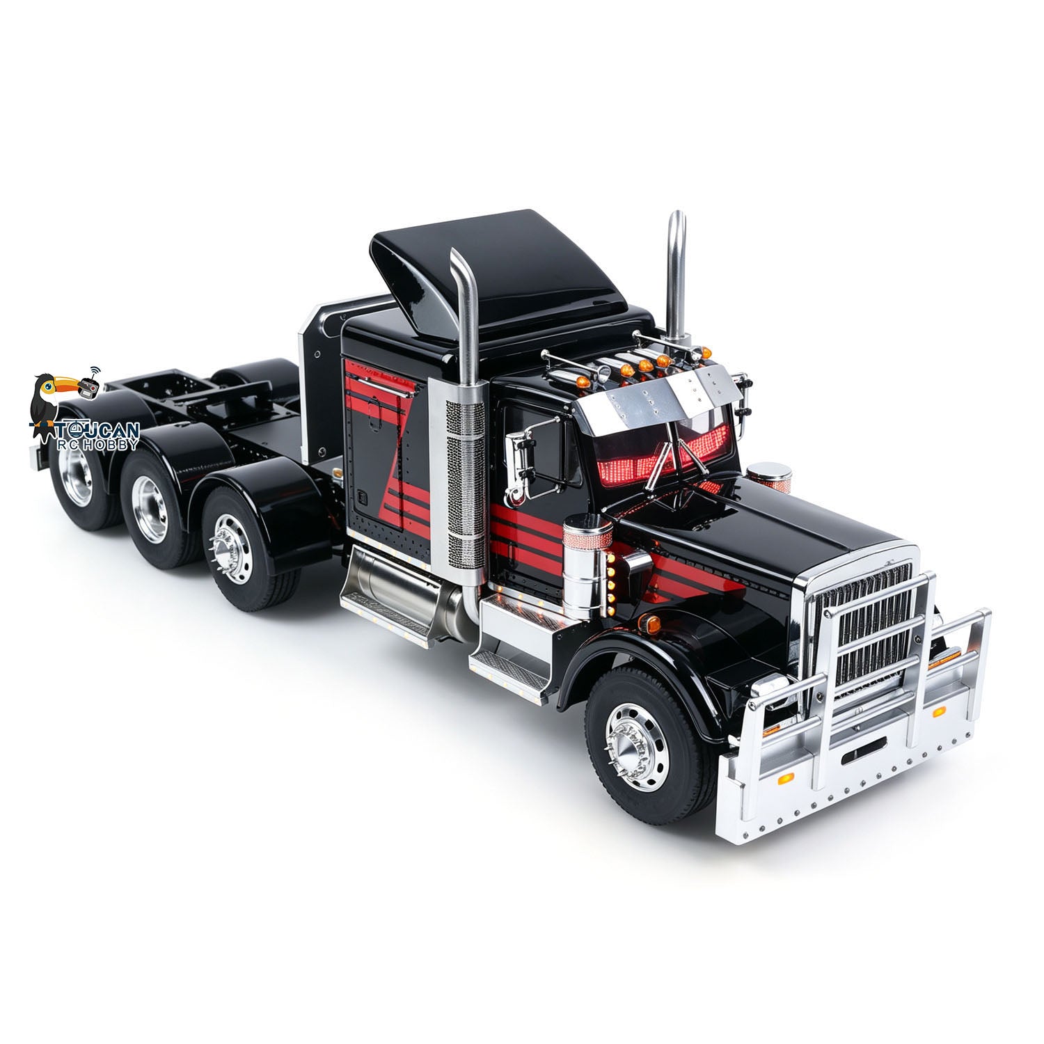TOUCAN 1/14 RC 8X6 Heavy Duty Tractor Truck GrandHauler Side Oblique View, Black Red Stripe Paint, Bumper Chimney Sun Visor Dynamic Eye Light Decoration Parts
