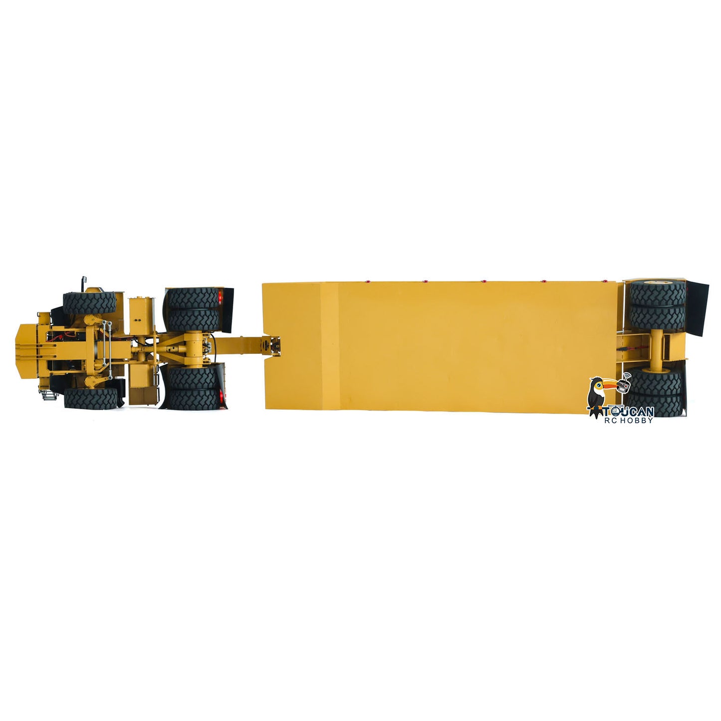 TOUCAN 1/20 RC 739D‑Extended Mine Gooseneck Trailer Top‑Down Overhead Shot, Display Tractor Unit, Gooseneck Mechanism And Extended Flatbed Overall Layout