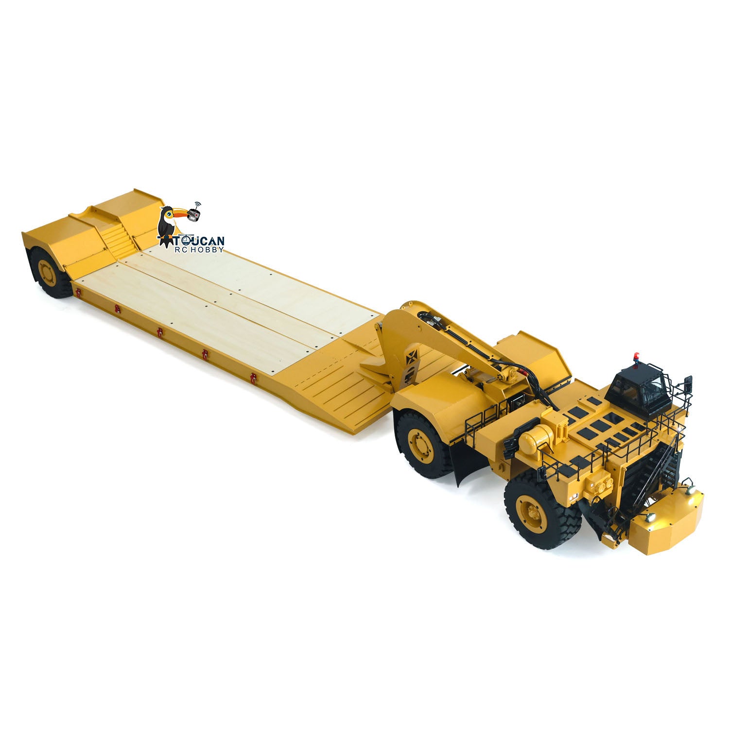 TOUCAN 1/20 RC 739D‑Extended Hydraulic Gooseneck Mine Trailer, Diagonal Oblique View, Show Gooseneck Coupling And Long Extended Flatbed Platform