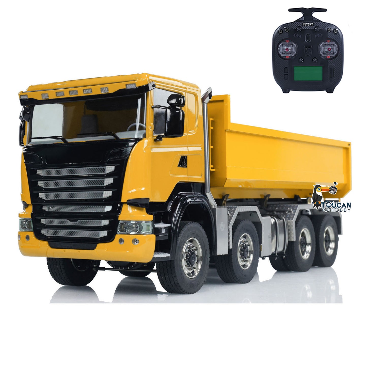 Toucan 1/14 RC 8x8 Roll‑Off Dump Truck SC‑G88 Yellow Scale RC Tipper Lorry Static Side View U‑Shape Low Bucket Assembled Model
