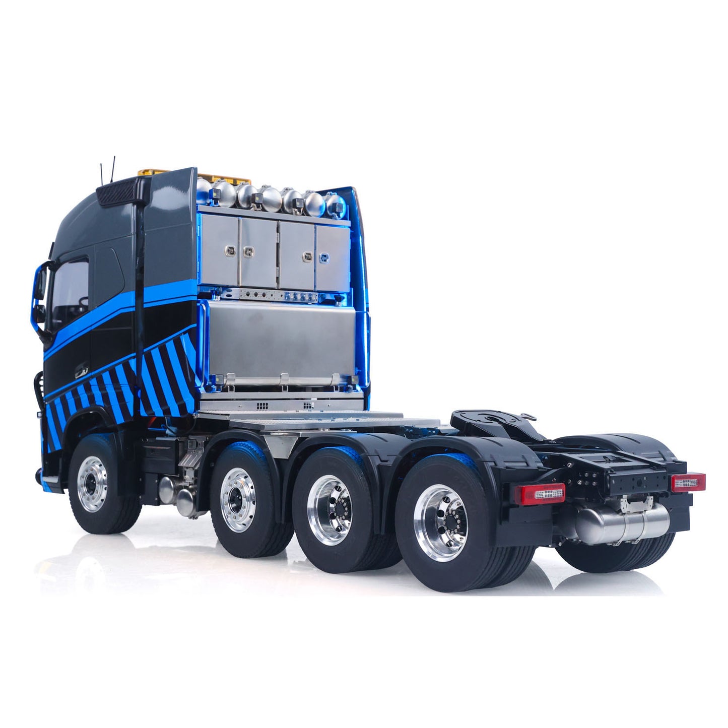 TOUCAN 56360 1/14 RC 8X8 Tractor Truck Blue Right Rear Oblique View, Rear Chassis & Metal Fifth Wheel Detail