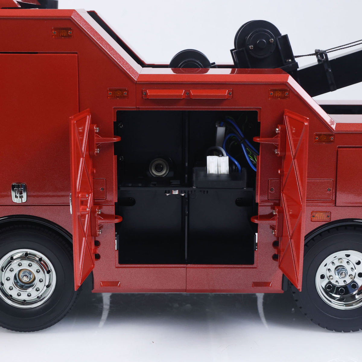 TOUCAN 56362 1/14 RC Wrecker Tow Truck Side Equipment Compartment Open View, Internal Mechanical & Electronic Components Detail