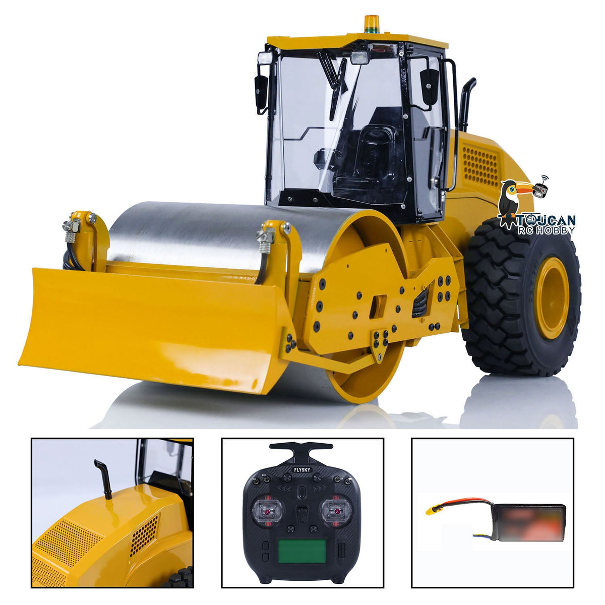 TOUCAN BSM CS11 1/12 Hydraulic Road Roller Yellow & Black Front Oblique View, With Blade, Remote Controller & Battery Detail Insets, Hydraulic Front Blade For Versatile Earthmoving