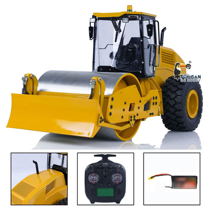 TOUCAN BSM CS11 1/12 Hydraulic Road Roller Yellow & Black Front Oblique View, With Blade, Remote Controller & Battery Detail Insets, Hydraulic Front Blade For Versatile Earthmoving