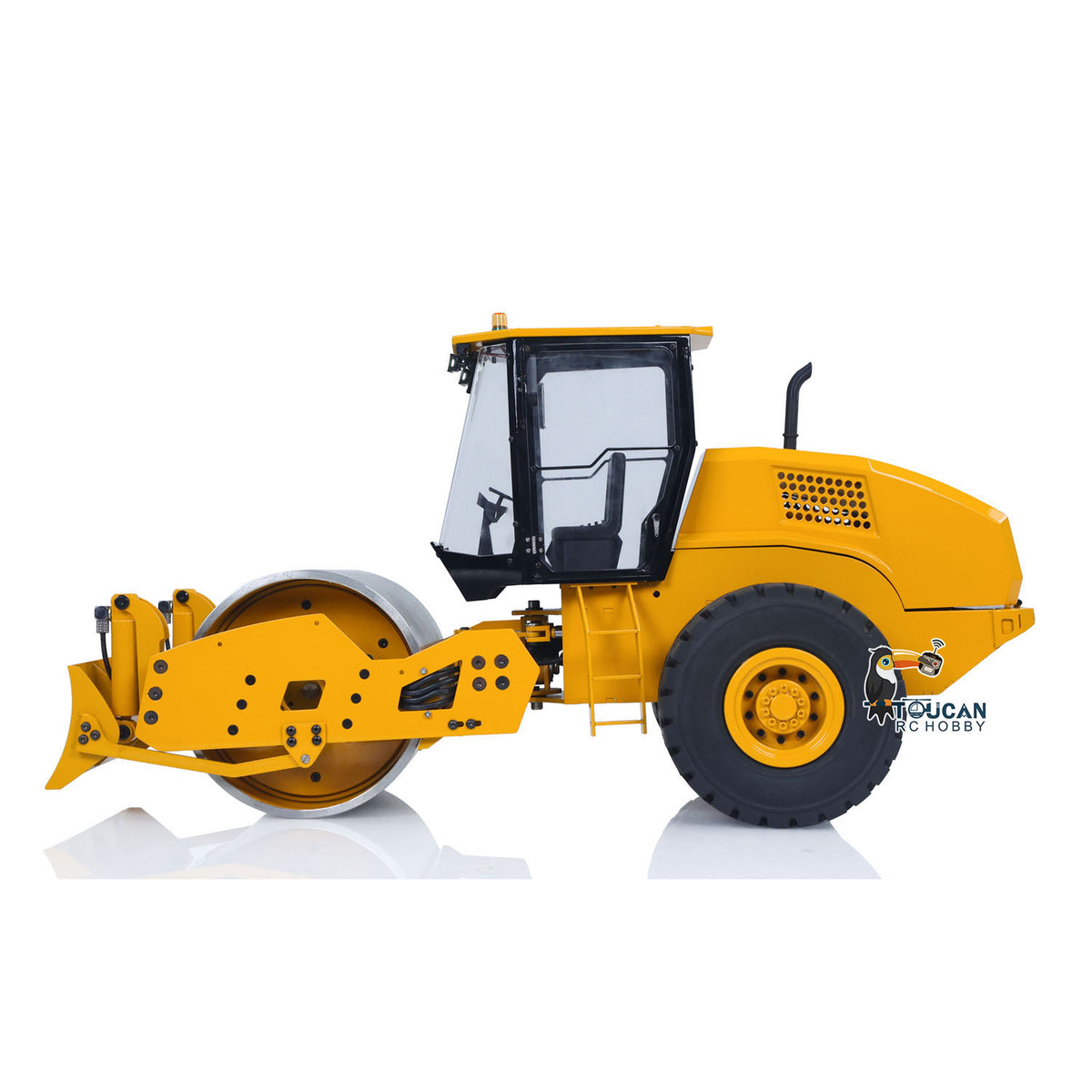 TOUCAN BSM CS11 1/12 Hydraulic Road Roller Yellow & Black Left Side Full Profile, Full Metal Drum & Rear Rubber Tire Structure, Realistic Engineering Vehicle Appearance