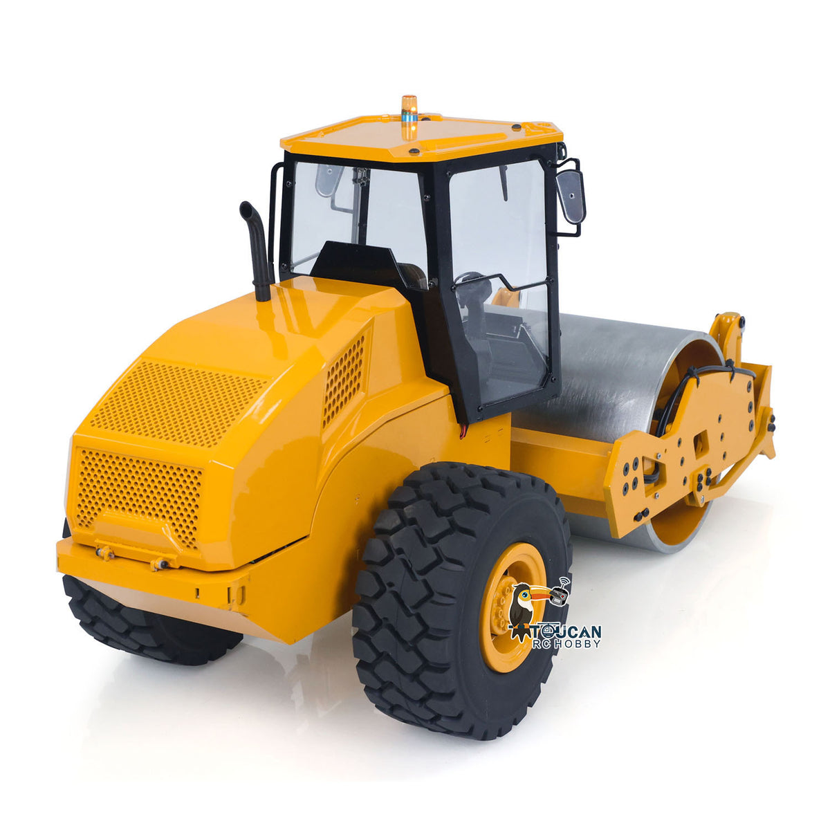 TOUCAN BSM CS11 1/12 Hydraulic Road Roller Yellow & Black Right Front View, Front Drum & Cab Structure, Realistic Lighting System For Enhanced Authenticity