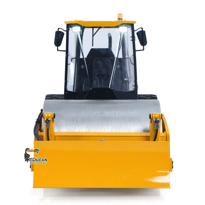 TOUCAN BSM CS11 1/12 Hydraulic Road Roller Yellow & Black Straight Front View, Front Compaction Drum & Front Dozer Blade Display, 2-Way Hydraulic Directional Valve