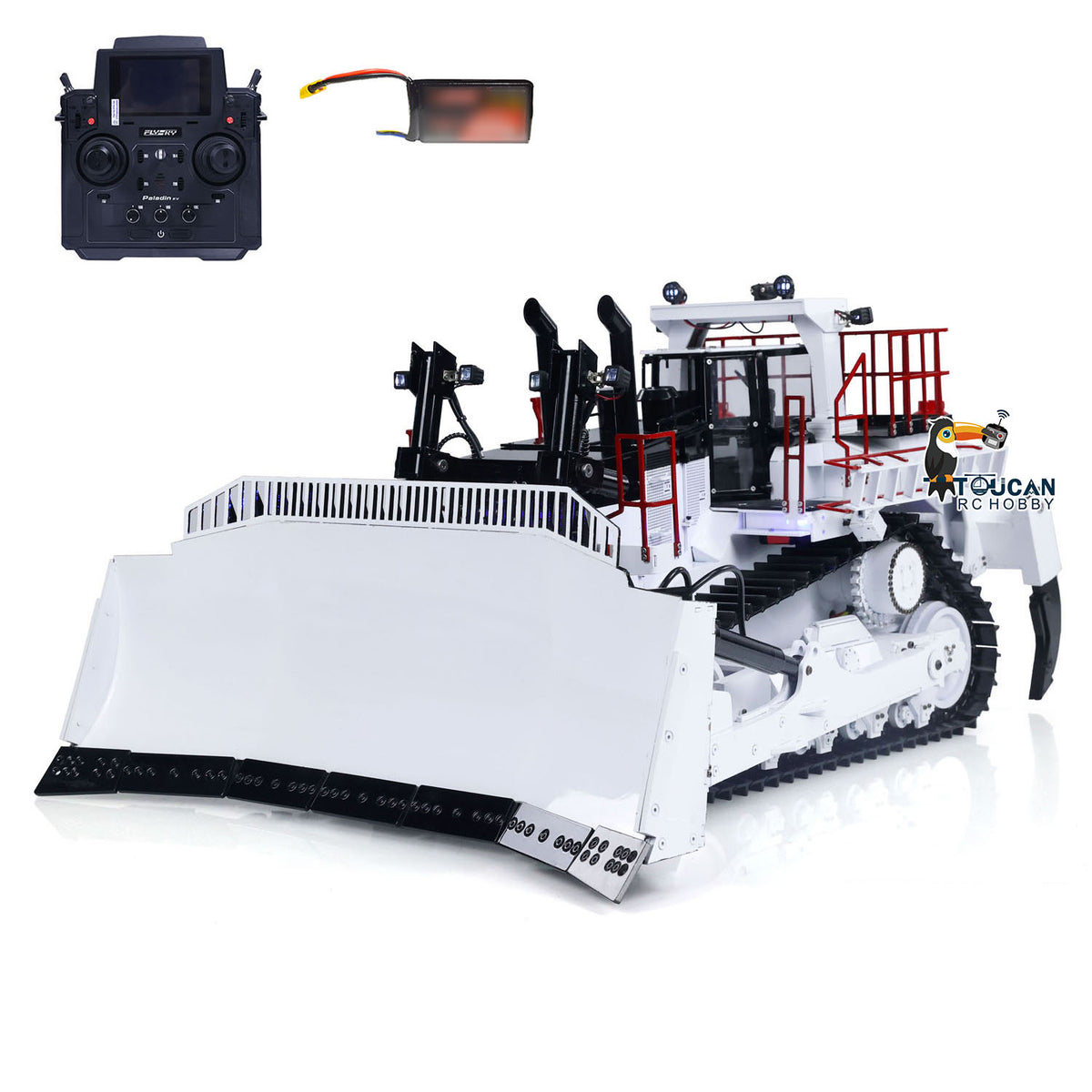 TOUCAN BSM D11T 1/14 Hydraulic Bulldozer White & Red Front Oblique View, With Remote Controller & Battery, Heavy Duty All-Metal Tracked Chassis