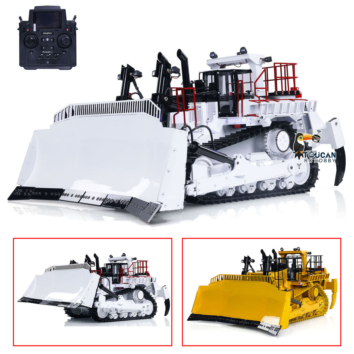 TOUCAN BSM D11T 1/14 Hydraulic Bulldozer White & Red Front Oblique View, With PL18EV Remote Controller, Yellow & White Color Options Available