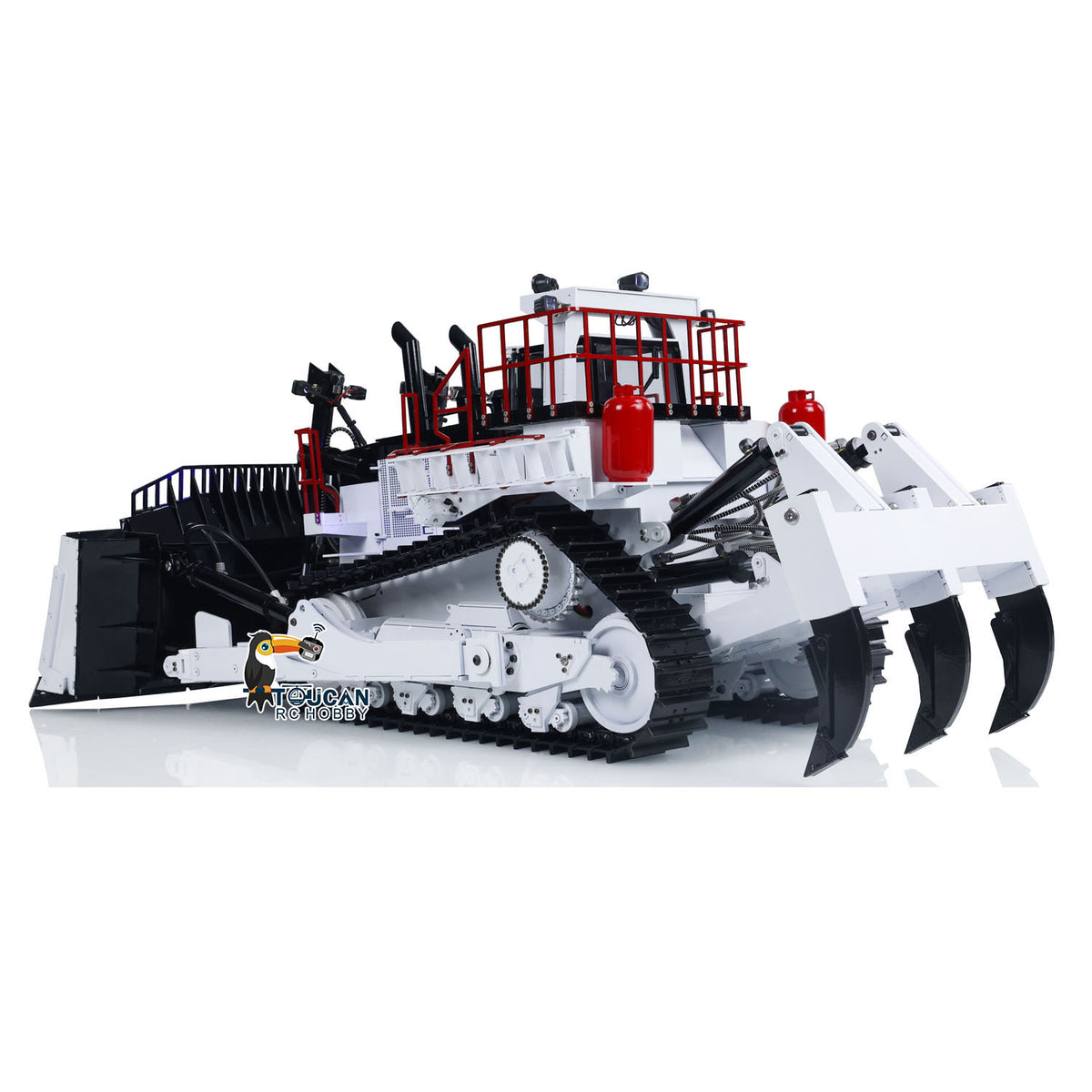 TOUCAN BSM D11T 1/14 Hydraulic Bulldozer White & Red Left Front View, Rear Ripper Down Working Pose, Precision Hydraulic Control