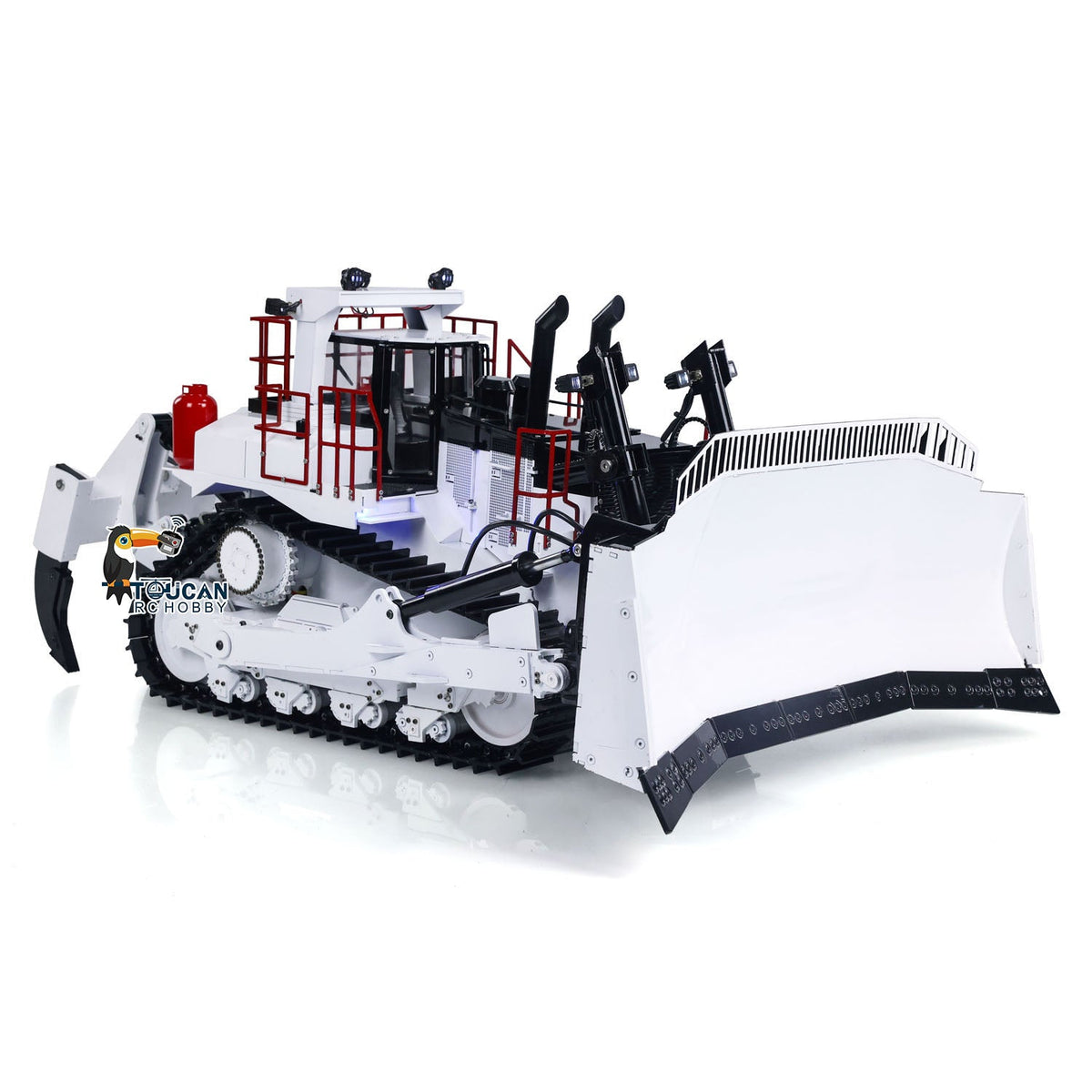 TOUCAN BSM D11T 1/14 Hydraulic Bulldozer White & Red Right Front View, Flat Dozer Blade, Full Metal Construction & Realistic Detail