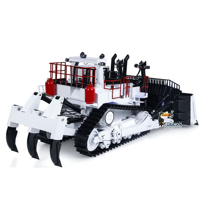 TOUCAN BSM D11T 1/14 Hydraulic Bulldozer White & Red Right Front View, Working Rear Ripper, Multi-Function 5-Way Directional Valve
