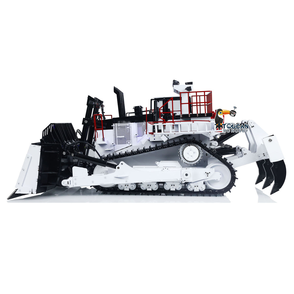 TOUCAN BSM D11T 1/14 Hydraulic Bulldozer White & Red Right Rear Oblique View, Rear 3-Shank Ripper & Track Chassis Detail