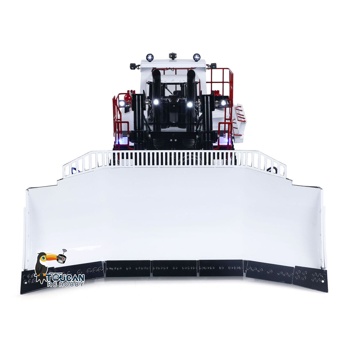 TOUCAN BSM D11T 1/14 Hydraulic Bulldozer White & Red Straight Front View, Wide Dozer Blade & Cabin Roof Working Lights