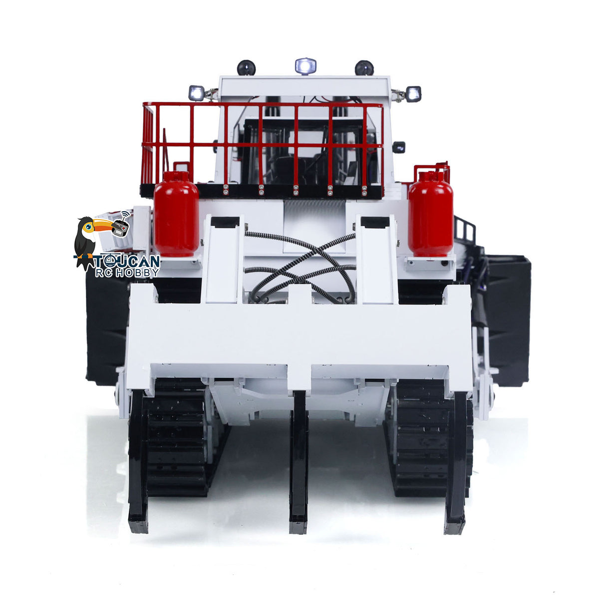 TOUCAN BSM D11T 1/14 Hydraulic Bulldozer White & Red Straight Rear View, Rear Ripper & Counterweight Structure, Full Lighting System