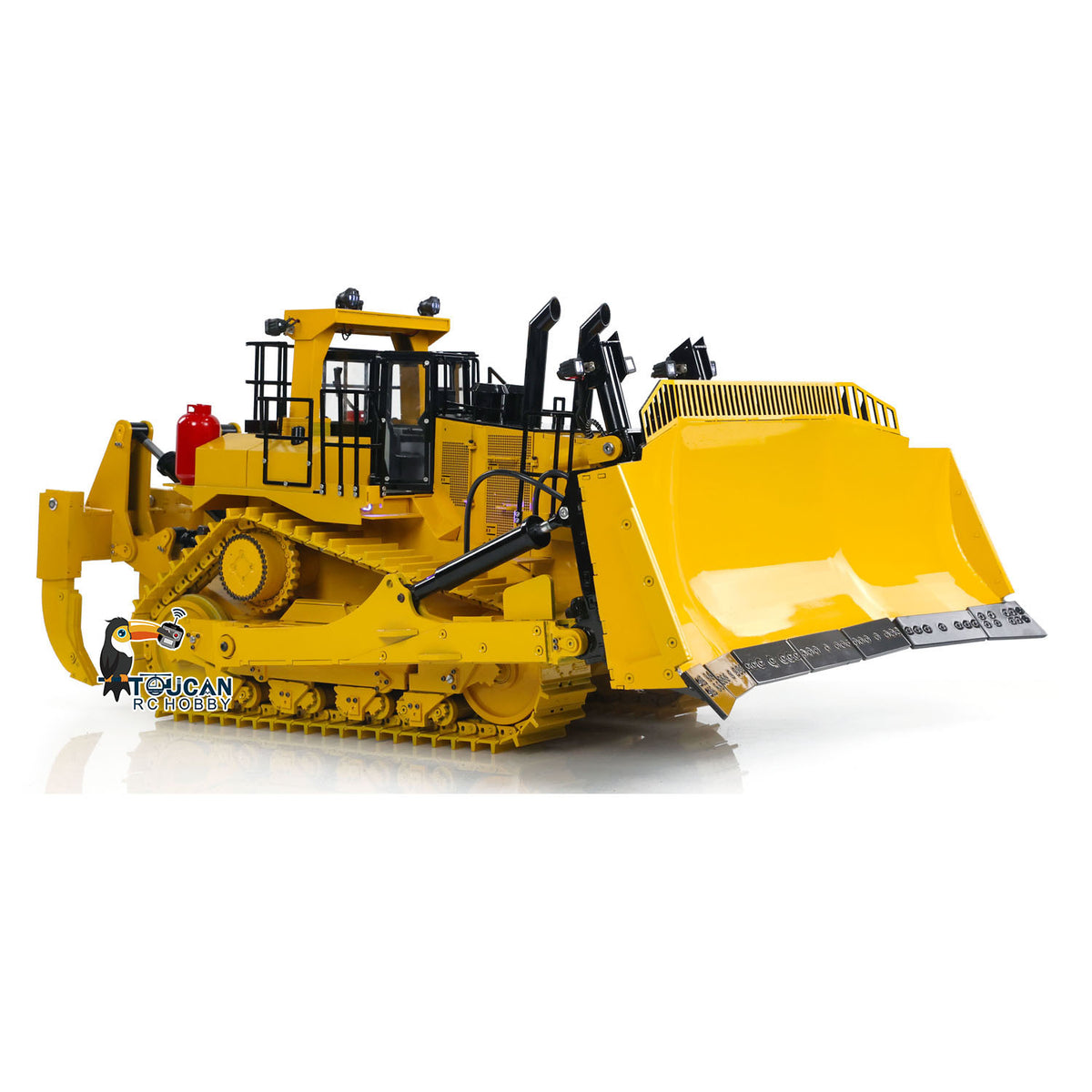 TOUCAN BSM D11T 1/14 Hydraulic Bulldozer Yellow & Black Left Front View, Tilted Dozer Blade Working Pose, Single Pump High Efficiency Hydraulic System