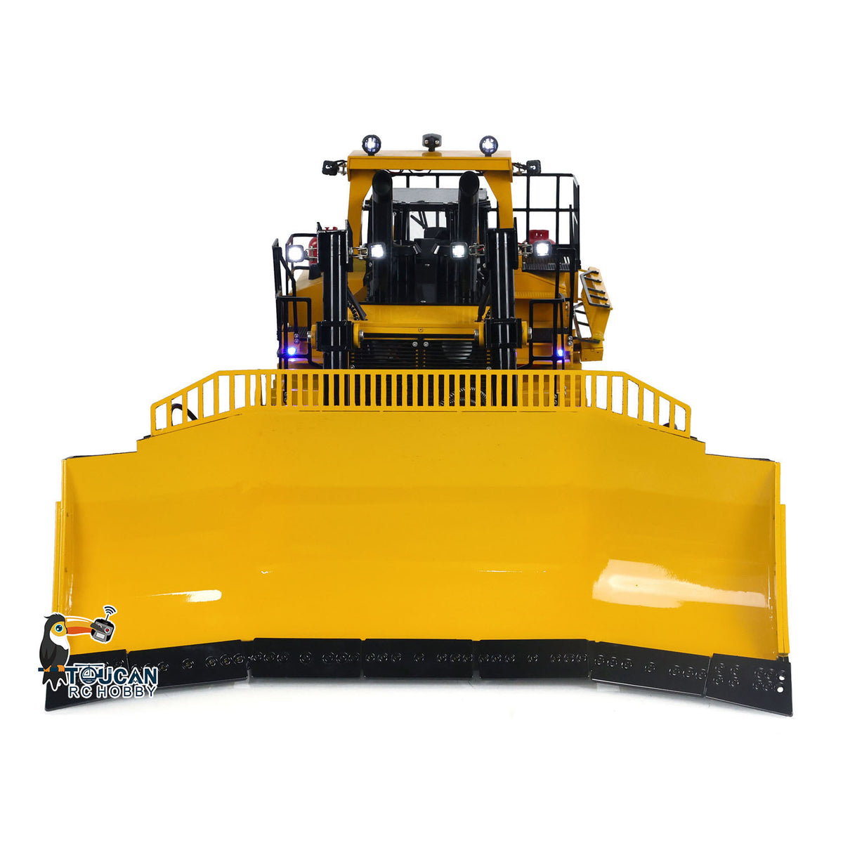 TOUCAN BSM D11T 1/14 Hydraulic Bulldozer Yellow & Black Straight Front View, Wide Dozer Blade & Cabin Roof Working Lights