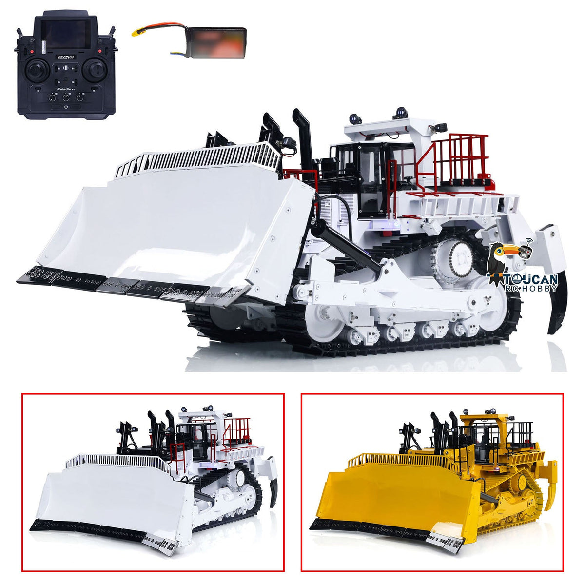 TOUCAN BSM D11T 1/14 Scale Metal Hydraulic Bulldozer, White & Red Version, With PL18EV Transmitter & Battery, 3-Shank Electric Ripper, Single Pump Hydraulic System, 5-Way Directional Valve, Light Sound & Smoke System, Leopard Battery & Charger Included