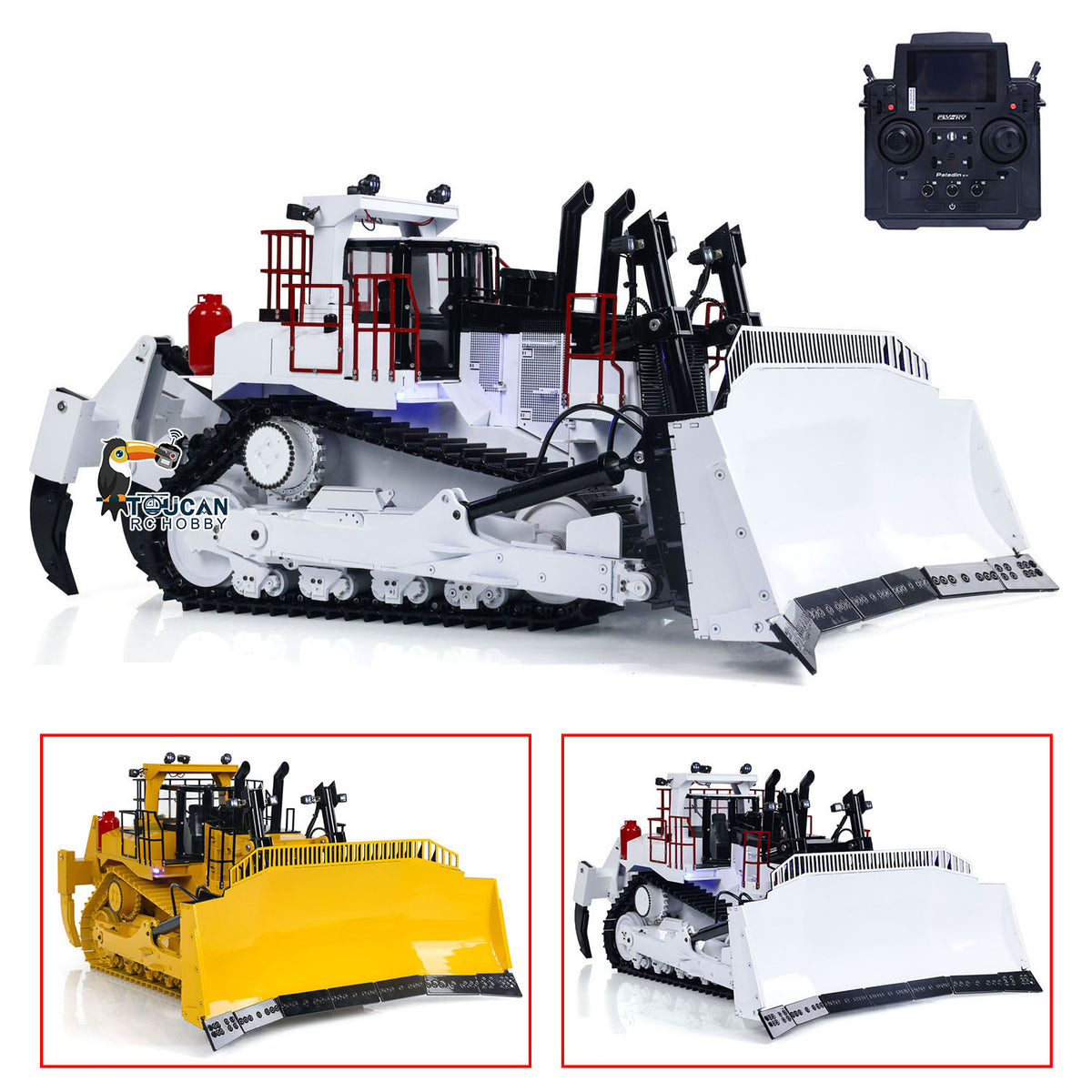 TOUCAN BSM D11T 1/14 Scale Metal Hydraulic Bulldozer, White & Red, 3-Shank Electric Ripper, Single Pump, 5-Way Directional Valve, Light Sound & Smoke System, PL18EV Transmitter & Charger Included, Battery Not Included