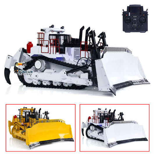 TOUCAN BSM D11T 1/14 Scale Metal Hydraulic Bulldozer, White & Red, 3-Shank Electric Ripper, Single Pump, 5-Way Directional Valve, Light Sound & Smoke System, PL18EV Transmitter & Charger Included, Battery Not Included