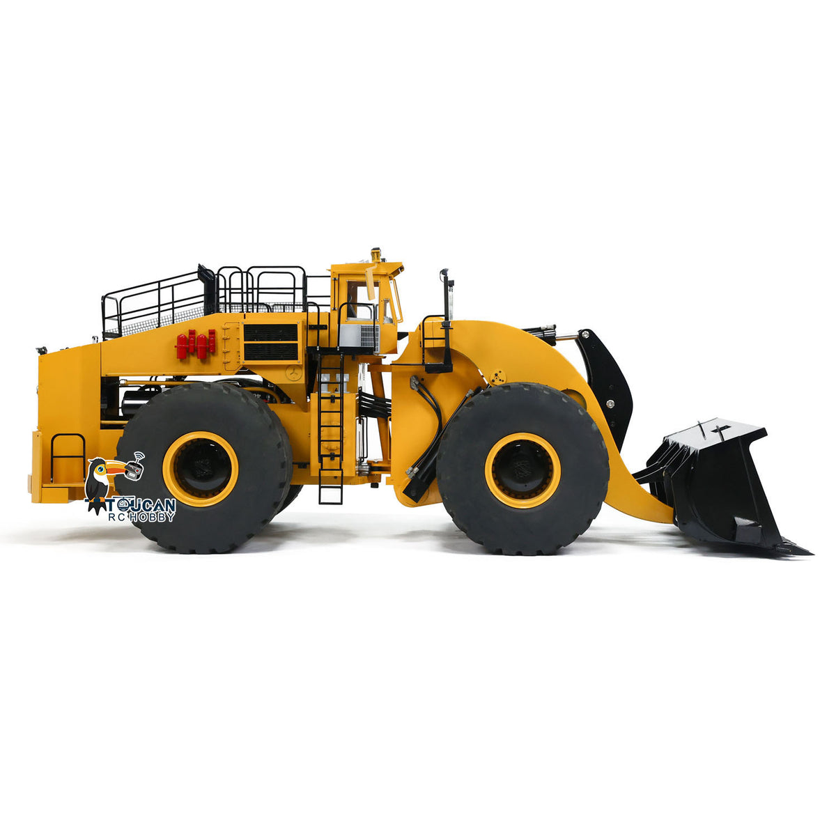 TOUCAN BSM L2350 1/14 Hydraulic Wheel Loader Yellow & Black Right Rear Oblique View, Side Access Ladder & Rear Body Structure Detail