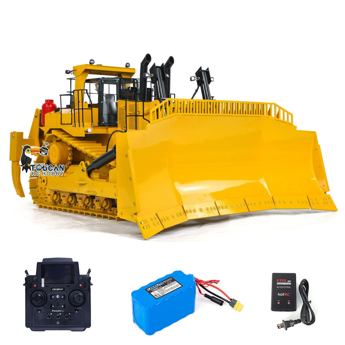 TOUCAN D11T 1/10 RC All-Metal Hydraulic Bulldozer, Three-Ripper Rear Plow Electric Stair Version, Dual Pump Hydraulic System, Light Sound & Smoke System, PL18EV Transmitter, K970 Battery & Charger Included, Yellow Black Heavy Duty RC Construction Model