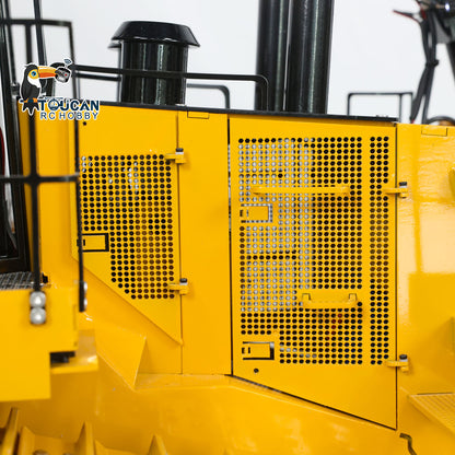 TOUCAN D11T 1/10 RC Bulldozer Rear Grille Close-Up, Dual Exhaust Pipes & Top Safety Railing, Realistic Engine Compartment Detail