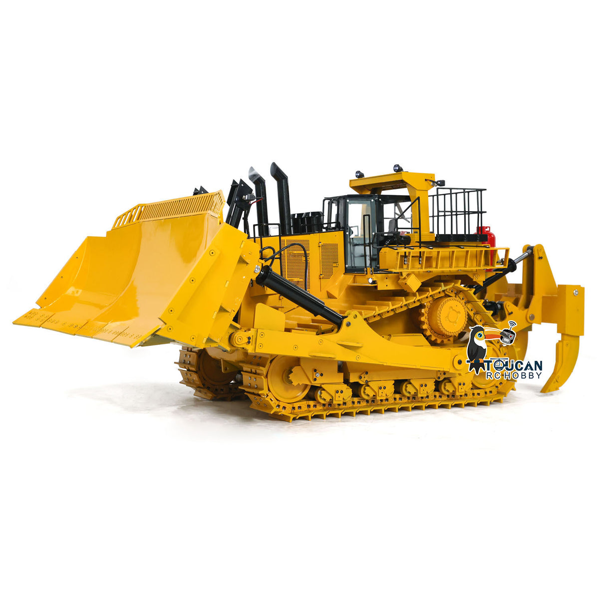 TOUCAN D11T 1/10 RC Hydraulic Bulldozer Yellow Right Front View, Tilting Front Blade Working Pose, Dual Pump Responsive Hydraulic Drive System