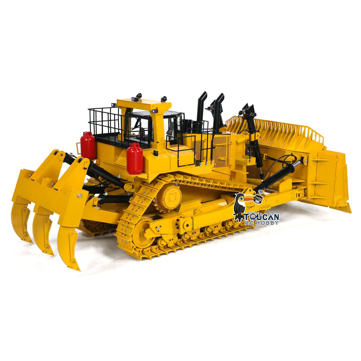 TOUCAN D11T 1/10 RC Hydraulic Bulldozer Yellow Right Rear Oblique View, Rear Ripper Assembly, Realistic Heavy Construction Vehicle Scale Model