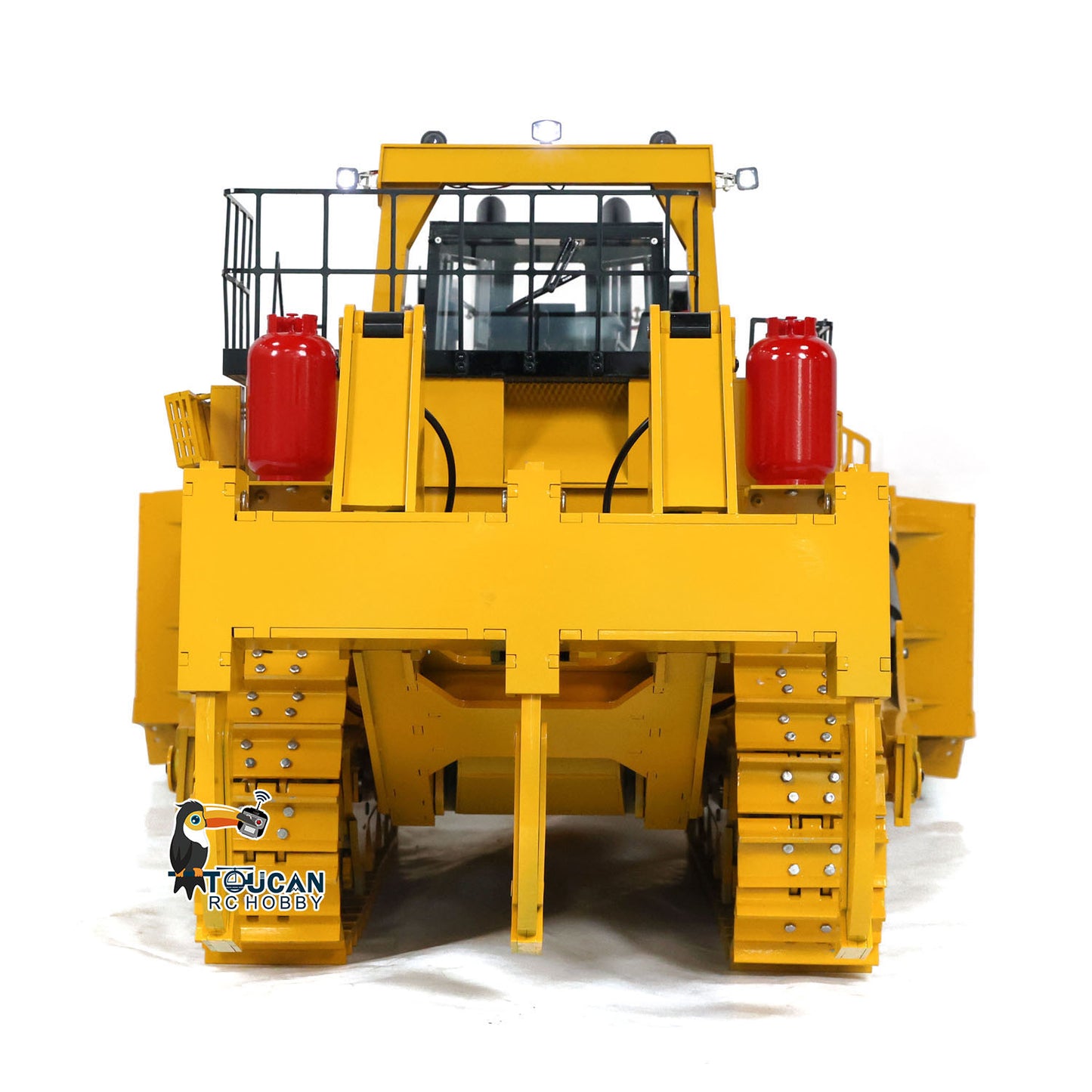 TOUCAN D11T 1/10 RC Hydraulic Bulldozer Straight Rear View, Rear Working Device, Red Fire Extinguisher Detail, Reinforced Metal Track Chassis
