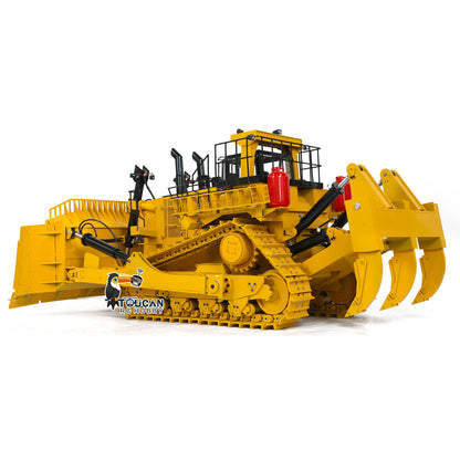 TOUCAN D11T 1/10 RC All-Metal Bulldozer Yellow Left Rear Oblique View, Three-Ripper Rear Plow, Electric Access Stair, Full Metal Track Undercarriage
