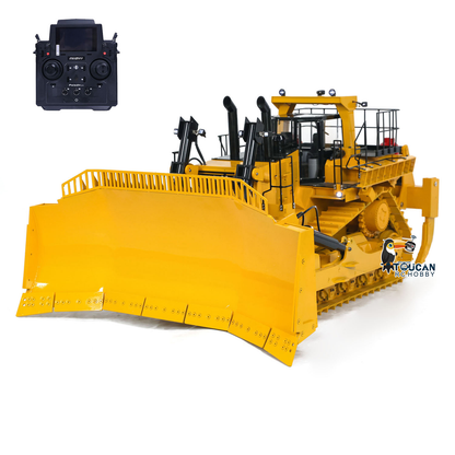 TOUCAN D11T 1/10 RC Metal Hydraulic Bulldozer Yellow Front Oblique View, With PL18EV Remote Controller, 5-Way Directional Valve Precision Control System